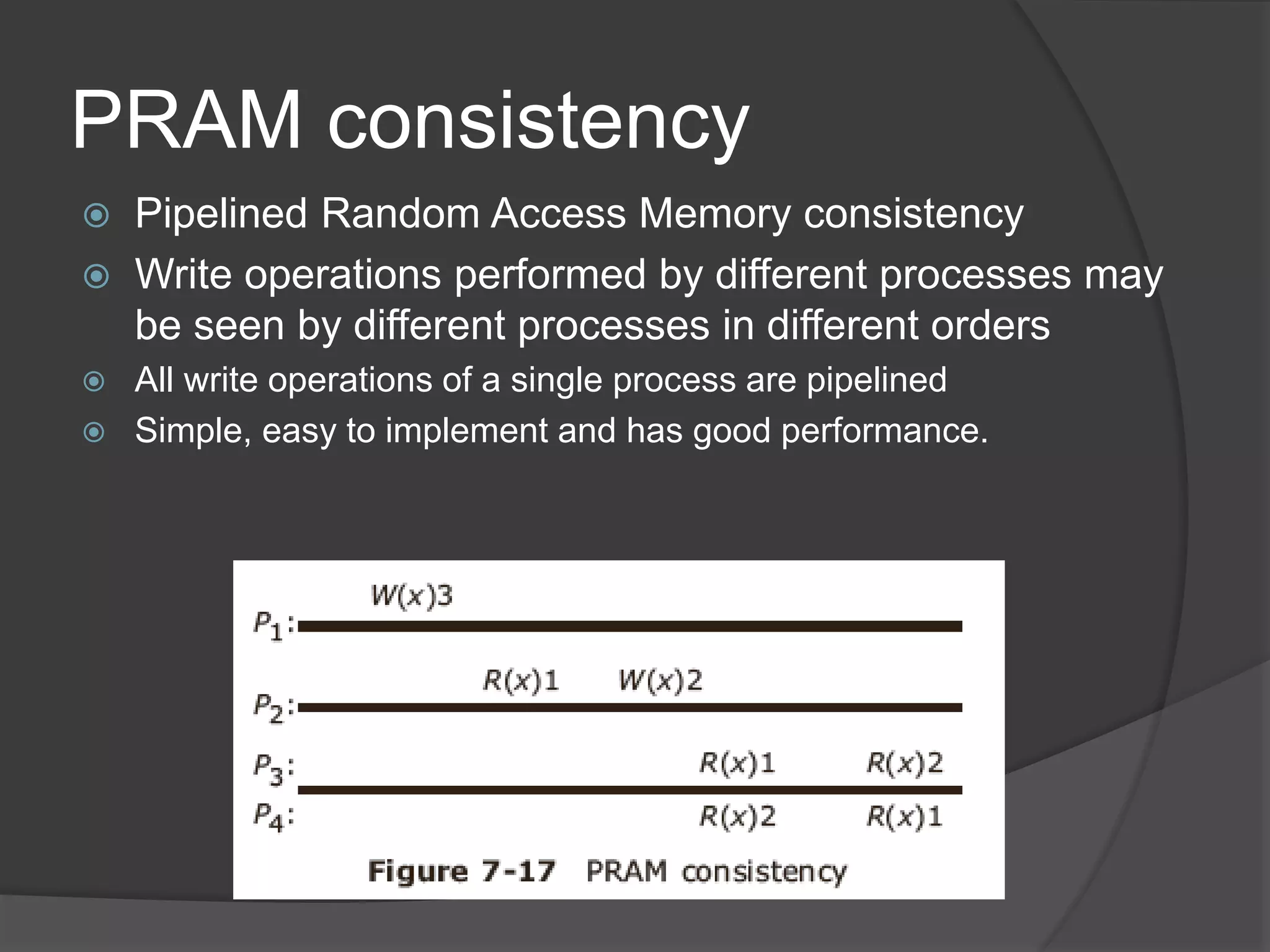 PRAM consistency
 Pipelined Random Access Memory consistency
 Write operations performed by different processes may
be seen by different processes in different orders
 All write operations of a single process are pipelined
 Simple, easy to implement and has good performance.
 
