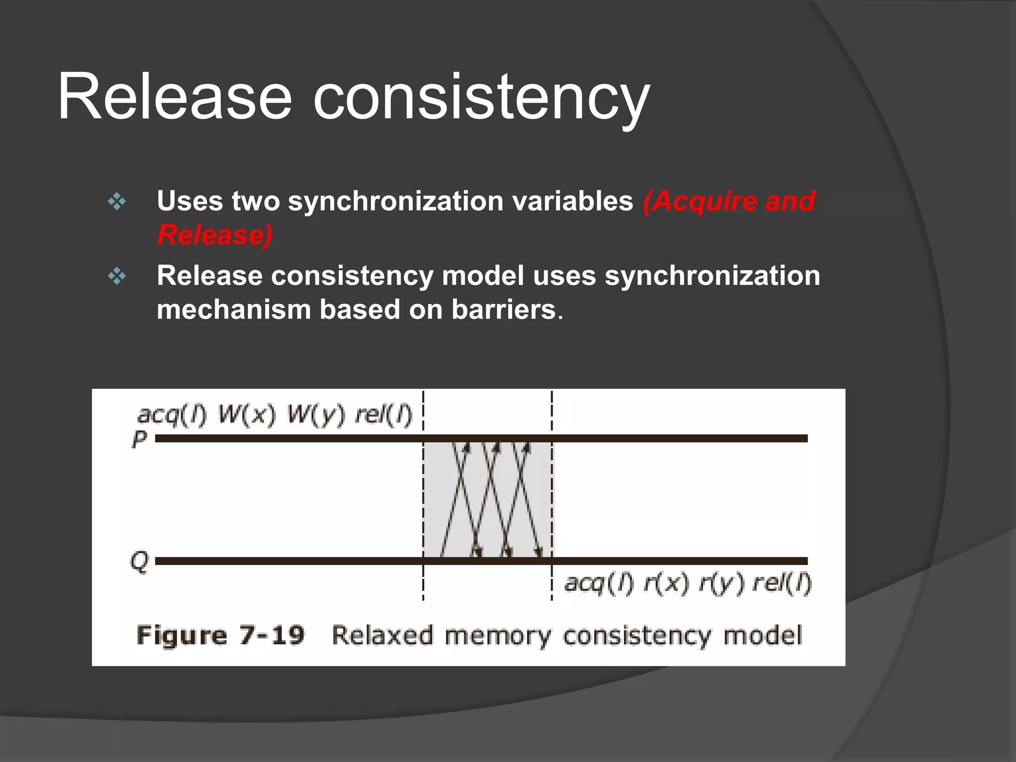 Release consistency
 Uses two synchronization variables (Acquire and
Release)
 Release consistency model uses synchronization
mechanism based on barriers.
 