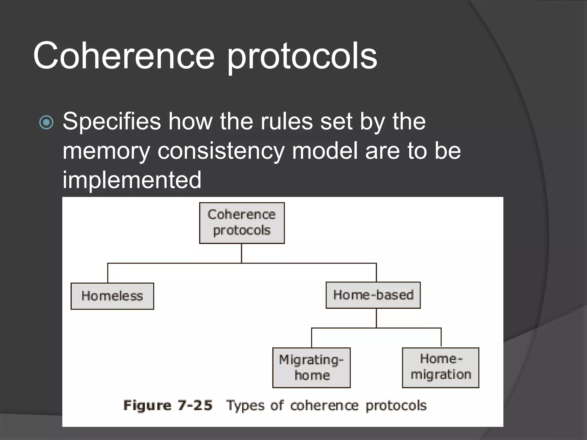 Coherence protocols
 Specifies how the rules set by the
memory consistency model are to be
implemented
 