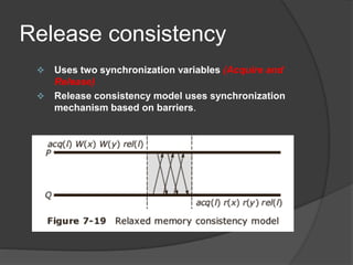 Release consistency
 Uses two synchronization variables (Acquire and
Release)
 Release consistency model uses synchronization
mechanism based on barriers.
 