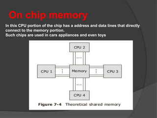 On chip memory
In this CPU portion of the chip has a address and data lines that directly
connect to the memory portion.
Such chips are used in cars appliances and even toys
 