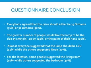 QUESTIONNAIRE CONCLUSION
• Everybody agreed that the price should either be 25 Dirhams
(31%) or 50 Dirhams (31%).
• The greater number of people would like the lamp to be the
size 25 cm(33%) 40 cm (25%) or the palm of their hand (25%).
• Almost everyone suggested that the lamp should be LED
(45%) while the others suggested Neon (27%).
• For the location, some people suggested the living room
(40%) while others suggested the bedroom (30%)
 