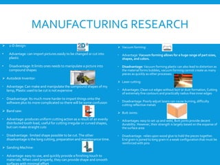 MANUFACTURING RESEARCH
 Vacuum forming:
 Advantage: Vacuum forming allows for a huge range of part sizes,
shapes, and colors.
 Disadvantage: Vacuum forming plastic can also lead to distortion as
the material forms bubbles, vacuum forming cannot create as many
pieces as quickly as other processes.
 Laser cutting:
 Advantages: Clean cut edges without burr or dust formation, Cutting
of extremely fine contours and practically radius-free inner edges
 Disadvantage: Poorly adjust lasers can cause burning, difficulty
cutting reflective metals
 Butt Joints:
 Advantages: easy to set up and weld, Butt joints provide decent
durability. However, their strength is largely based on the expanse of
the surface area
 Disadvantage: relies upon wood glue to hold the pieces together.
End grain is joined to long grain in a weak configuration that must be
reinforced with pins
 2-D design:
• Advantage: can import pictures easily to be changed or cut into
plastic
• Disadvantage: It limits ones needs to manipulate a picture into
compound shapes
 Autodesk Inventor:
 Advantage:Can make and manipulate the compound shapes of my
lamp, Plastic used to be cut is not expensive
 Disadvantage: Its much more harder to import things onto the
software plus its more complicated so there will be some confusion
 Band saw:
 Advantage: produces uniform cutting action as a result of an evenly
distributed tooth load, useful for cutting irregular or curved shapes,
but can make straight cuts
 Disadvantage: limited shape possible to be cut.The other
disadvantage is the long cutting, preparation and maintenance time.
 Sanding Machine:
 Advantage: easy to use, and quickly provide a finishing touch to
materials.When used properly, they can provide shape and smooth
surfaces with minimal effort
 