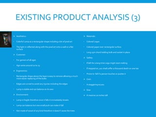 EXISTING PRODUCT ANALYSIS (3)
 Aesthetics:
 Colorful Lamp as a rectangular shape including a bit of pixel art
 The light in reflected along with the pixel art onto a wall or a flat
surface
 Customer:
 For gamers of all ages
 Age varies around 10 to 25
 Ergonomics:
 Rectangular shape above the base is easy to remove allowing a much
more easier replacing of the bulbs
 Edges are curved to avoid any injuries including the edges
 Lamp is stable and can balance on its own
 Environment:
• Lamp is fragile therefore once it falls it immediately breaks
• Lamp can balance but one small push can make it fall
• Not made of wood of any kind therefore it doesn’t saves the trees
 Materials:
 Colored Legos
 Colored paper over rectangular surface
 Long 15m chord holding bulb and socket in place
 Safety:
 If left for a long time Lego might start melting
 If stepped on, you shall suffer a thousand death on one toe
 Prone to fall if a person touches or pushes it
 Cost:
 A staggering $2200.
 Size:
 A massive 20 inches tall
 