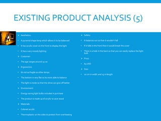 EXISTING PRODUCT ANALYSIS (5)
 Aesthetics:
• A pyramid shape lamp which allows it to be balanced
• It has acrylic cover on the front to display the light
• It has a very moody lighting
 Customer:
• The age ranges around 15-20
 Ergonomics
• Its not as fragile as other lamps
• The bottom is very flat so its more able to balance
• The light is inside so that the shine can give off better
 Environment:
• Energy saving light bulbs included in purchase
• The product is made up of acrylic to save wood
 Materials:
• Colored acrylic
• Thermoplastic on the sides to protect from overheating
 Safety:
• It balances out so that it wouldn’t fall
• If it falls in the front then it would break the cover
• There is a hole in the back so that you can easily replace the light
bulb
 Price:
• 65 USD
 Size:
• 20 cm in width and 25 in length
 