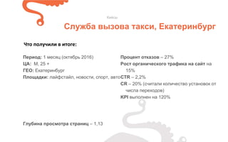 Период: 1 месяц (октябрь 2016)
ЦА: М, 25 +
ГЕО: Екатеринбург
Площадки: лайфстайл, новости, спорт, авто
Глубина просмотра страниц – 1,13
Процент отказов – 27%
Рост органического трафика на сайт на
15%
CTR – 2,2%
CR – 20% (считали количество установок от
числа переходов)
KPI выполнен на 120%
Кейсы
Служба вызова такси, Екатеринбург
Что получили в итоге:
 