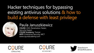 Hacker techniques for bypassing
existing antivirus solutions & how to
build a defense with least privilege
Paula Januszkiewicz
CQURE: CEO, Penetration Tester;
Security Expert
CQURE Academy: Trainer
MVP: Enterprise Security, MCT
www.cqureacademy.com
@paulacqure
@CQUREAcademy
CONSULTING
 