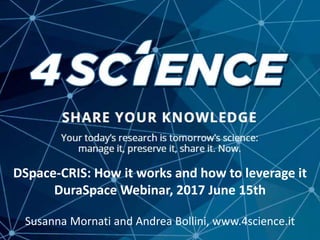 DSpace-CRIS: one-stop solution
for the research ecosystem
Showcases from the community
dspace@4science.it
Susanna Mornati and Andrea Bollini, www.4science.it
DSpace-CRIS: How it works and how to leverage it
DuraSpace Webinar, 2017 June 15th
 