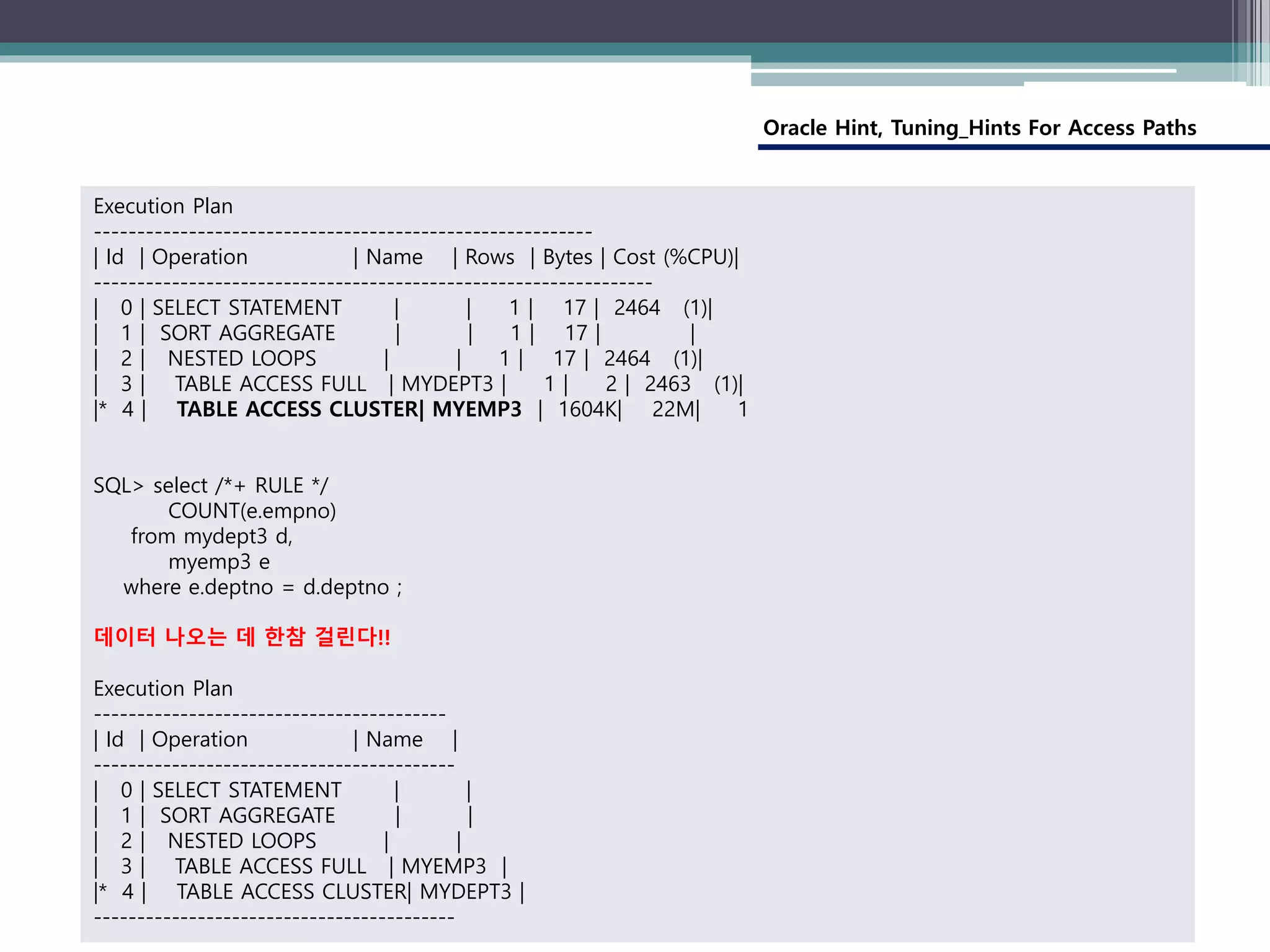 Oracle Hint, Tuning_Hints For Access Paths
Execution Plan
----------------------------------------------------------
| Id | Operation | Name | Rows | Bytes | Cost (%CPU)|
-----------------------------------------------------------------
| 0 | SELECT STATEMENT | | 1 | 17 | 2464 (1)|
| 1 | SORT AGGREGATE | | 1 | 17 | |
| 2 | NESTED LOOPS | | 1 | 17 | 2464 (1)|
| 3 | TABLE ACCESS FULL | MYDEPT3 | 1 | 2 | 2463 (1)|
|* 4 | TABLE ACCESS CLUSTER| MYEMP3 | 1604K| 22M| 1
SQL> select /*+ RULE */
COUNT(e.empno)
from mydept3 d,
myemp3 e
where e.deptno = d.deptno ;
데이터 나오는 데 한참 걸린다!!
Execution Plan
-----------------------------------------
| Id | Operation | Name |
------------------------------------------
| 0 | SELECT STATEMENT | |
| 1 | SORT AGGREGATE | |
| 2 | NESTED LOOPS | |
| 3 | TABLE ACCESS FULL | MYEMP3 |
|* 4 | TABLE ACCESS CLUSTER| MYDEPT3 |
------------------------------------------
 