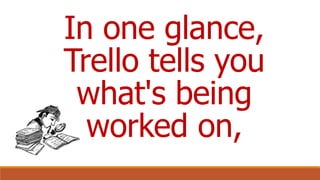 In one glance,
Trello tells you
what's being
worked on,
 
