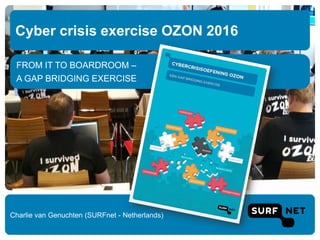 FROM IT TO BOARDROOM –
A GAP BRIDGING EXERCISE
Cyber crisis exercise OZON 2016
Charlie van Genuchten (SURFnet - Netherlands)
 