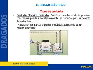 Tipos de contacto
 Contacto Eléctrico Indirecto. Puesta en contacto de la persona
con masas puestas accidentalmente en tensión por un defecto
de aislamiento.
(Masas son las partes o piezas metálicas accesibles de un
equipo eléctrico.)
EL RIESGO ELÉCTRICO
Instalaciones eléctricas
 