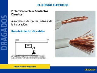 Protección frente a Contactos
Directos:
Aislamiento de partes activas de
la instalación:
Recubrimiento de cables
EL RIESGO ELÉCTRICO
Instalaciones eléctricas
 