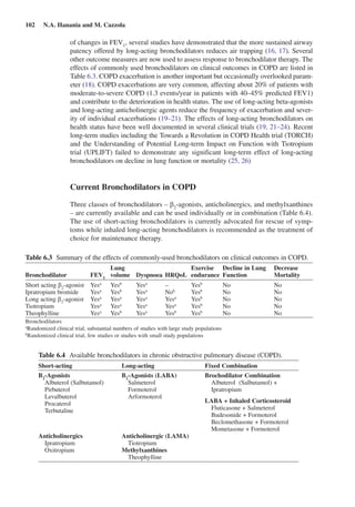 102  N.A. Hanania and M. Cazzola
of changes in FEV1
, several studies have demonstrated that the more sustained airway
patency offered by long-acting bronchodilators reduces air trapping (16, 17). Several
other outcome measures are now used to assess response to bronchodilator therapy. The
effects of commonly used bronchodilators on clinical outcomes in COPD are listed in
Table 6.3. COPD exacerbation is another important but occasionally overlooked param-
eter (18). COPD exacerbations are very common, affecting about 20% of patients with
moderate-to-severe COPD (1.3 events/year in patients with 40–45% predicted FEV1)
and contribute to the deterioration in health status. The use of long-acting beta-agonists
and long-acting anticholinergic agents reduce the frequency of exacerbation and sever-
ity of individual exacerbations (19–21). The effects of long-acting bronchodilators on
health status have been well documented in several clinical trials (19, 21–24). Recent
long-term studies including the Towards a Revolution in COPD Health trial (TORCH)
and the Understanding of Potential Long-term Impact on Function with Tiotropium
trial (UPLIFT) failed to demonstrate any significant long-term effect of long-acting
bronchodilators on decline in lung function or mortality (25, 26)
Current Bronchodilators in COPD
Three classes of bronchodilators – b2
-agonists, anticholinergics, and methylxanthines
– are currently available and can be used individually or in combination (Table 6.4).
The use of short-acting bronchodilators is currently advocated for rescue of symp-
toms while inhaled long-acting bronchodilators is recommended as the treatment of
choice for maintenance therapy.
Table 6.3  Summary of the effects of commonly-used bronchodilators on clinical outcomes in COPD.
Bronchodilator FEV1
Lung
volume Dyspnoea HRQoL
Exercise
endurance
Decline in Lung
Function
Decrease
Mortality
Short acting b2
-agonist Yesa
Yesb
Yesa
– Yesb
No No
Ipratropium bromide Yesa
Yesb
Yesa
Nob
Yesb
No No
Long acting b2
-agonist Yesa
Yesa
Yesa
Yesa
Yesb
No No
Tiotropium Yesa
Yesa
Yesa
Yesa
Yesb
No No
Theophylline Yesa
Yesb
Yesa
Yesb
Yesb
No No
Bronchodilators
a
Randomized clinical trial, substantial numbers of studies with large study populations
b
Randomized clinical trial, few studies or studies with small study populations
Table 6.4  Available bronchodilators in chronic obstructive pulmonary disease (COPD).
Short-acting Long-acting Fixed Combination
B2
-Agonists
	 Albuterol (Salbutamol)
	 Pirbuterol
	 Levalbuterol
	 Procaterol
	 Terbutaline
B2
-Agonists (LABA)
	 Salmeterol
	 Formoterol
	 Arformoterol
Brochodilator Combination
	 Albuterol  (Salbutamol) +
Ipratropium
LABA + Inhaled Corticosteroid
	 Fluticasone + Salmeterol
	 Budesonide + Formoterol
	 Beclomethasone + Formoterol
	 Mometasone + Formoterol
Anticholinergics
	 Ipratropium
	 Oxitropium
Anticholinergic (LAMA)
	 Tiotropium
Methylxanthines
	 Theophylline
 