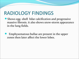 RADIOLOGY FINDINGS
Shows egg- shell hilar calcification and progressive
massive fibrosis. it also shows snow-storm appearance
in the lung fields.
 Emphysematous bullae are present in the upper
zones then later affect the lower lobes.
 