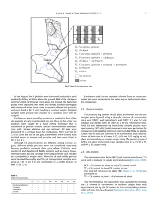 In late August, ﬁve E. globulus were harvested randomly in each
quadrat by felling at 30 cm above the ground. Half of the chickpeas
were harvested by felling at 15 cm above the ground. The harvested
plants were separated into roots and shoots, washed thoroughly
with deionized water three times to remove adhered soil particles
and oven dried at 80 C until reaching a constant weight. Weighed
samples were ground into powder in a stainless steel mill for
analysis.
Earthworms were seized by an electrical method in four of the
six quadrats at each experimental site and those in the other two
quadrats were caught by a hand sorting technique that is
considered to provide realistic species representation estimates
(one with chicken addition and one without). All data were
presented on a centiare basis for comparison. After starving for
72 h to clean the soil in the guts, earthworms were washed with
distilled water to remove soil particles and then oven dried at
90 C for 8 h.
Although Cd concentrations are different among various or-
gans, different edible portions were not considered separately
because predators consume their prey whole. Chickens were
numbered and slaughtered. Edible portions such as muscle tissue,
internal organs, fat and cartilage were sampled from each chicken
on a proportional weight basis. Materials of each edible portion
were blended thoroughly and 20 g of homogenized samples were
dried at 140 C for 4 h and incinerated in a mufﬂe furnace at
600 C for 12 h.
Earthworm and chicken samples collected from an uncontam-
inated site were processed in the same way as background values
for comparison.
2.2. Chemical analysis
The prepared dry powder of soil, plant, earthworm and chicken
samples were digested using a di-acidic mixture of concentrated
nitric acid (HNO3) and hydrochloric acid (HCl) (3:1, v/v). A 1-mL
solution was diluted with 3% HNO3 in a 10-mL colorimetric tube.
Total Cd was determined by inductively coupled plasma mass
spectrometry (ICP-MS). Quality assurance tests were performed by
comparison with certiﬁed reference material GBW10012 for plants,
GBW07410 for soil and GBW10018 for earthworms and chickens.
Limits of detection for Cd were 0.02, 0.03 and 0.02 mg/kg in soil,
plant and animal organ samples, respectively. The recovery rates of
Cd for soil, plant and animal organ samples were 94 ± 7%, 94 ± 5%
and 97 ± 3%, respectively.
2.3. Data analysis
The bioconcentration factor (BCF) and translocation factor (TF)
were used to evaluate Cd uptake and translocation (Wu et al., 2015).
BCF ¼ Cd content in shoot or root/Cd content in soil
TF ¼ Cd content in shoot/Cd content in root
The total Cd extraction by plant (TE) (Niazi et al., 2012) was
calculated as
TE ¼ Cd content in plant Â dry biomass of plant.
The environmental risk index (ERI) was calculated by dividing
the Cd content in earthworms or chickens caught from each
experimental site by the Cd content in the corresponding creature
collected from the clean location (Rodriguez-Ruiz et al., 2015; Song
et al., 2015).
Fig. 1. Map of the experiment sites.
Table 1
Experimental designs.
E1 E2 E3 E4 E5 E6 E7 E8
Eucalyptus globulus þ e þ þ e þ e e
Chickpea e þ þ e þ þ e e
Earthworm e e e þ þ þ þ e
Chicken þ þ þ þ þ þ þ e
J. Luo et al. / Journal of Cleaner Production 119 (2016) 25e31 27
 