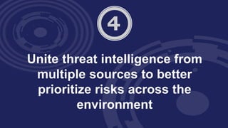 Unite threat intelligence from
multiple sources to better
prioritize risks across the
environment
 