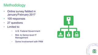 Methodology
• Online survey fielded in
January/February 2017
• 105 responses
• 27 questions
• Limited to:
• U.S. Federal Government
• Mid- to Senior-level IT
Management
• Some Involvement with PAM
 