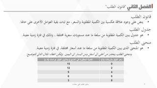 ‫الثاني‬‫الفصل‬"‫الطلب‬ ‫قانون‬"
•،‫والسعر‬ ‫املطلوبة‬ ‫الكمية‬ ‫بني‬ ‫عكسية‬ ‫عالقة‬ ‫وجود‬ ‫على‬ ‫ينص‬‫األ‬ ‫العوامل‬ ‫بقية‬ ‫ثبات‬ ‫مع‬‫حاهلا‬ ‫على‬ ‫خرى‬.
‫الطلب‬ ‫قانون‬
‫الطلب‬ ‫جدو ل‬
•‫ت‬ ‫يف‬ ‫وذلك‬ ، ‫خمتلفة‬ ‫ية‬‫ر‬‫سع‬ ‫مستوايت‬ ‫عند‬ ‫ما‬ ‫سلعة‬ ‫من‬ ‫املطلوبة‬ ‫الكمية‬ ‫يبني‬ ‫جدو ل‬ ‫هو‬‫معينة‬ ‫ممنية‬ ‫ةر‬.
‫الطلب‬ ‫منحىن‬
•،‫خمتلفة‬ ‫أسعار‬ ‫عند‬ ‫ما‬ ‫سلعة‬ ‫من‬ ‫املطلوبة‬ ‫الكمية‬ ‫يبني‬ ‫الذى‬ ‫املنحىن‬ ‫هو‬‫ممني‬ ‫تةر‬ ‫يف‬‫معينة‬ ‫ة‬.
‫اليمني‬ ‫اىل‬ ‫اليسار‬ ‫ومن‬ ‫أسفل‬ ‫اىل‬ ‫أعلى‬ ‫من‬ ‫ينحدر‬ ‫الطلب‬ ‫ومنحىن‬.‫ا‬ ‫املثا ل‬ ‫اعطاء‬ ‫وميكن‬‫للتوضيح‬ ‫لتايل‬:
‫جرامات‬ ‫الكيلو‬ ‫بماليين‬ ‫االسبوع‬ ‫في‬ ‫المطلوبة‬ ‫الكمية‬(‫ك‬‫ط‬) ‫بالرياالت‬ ‫الكيلو‬ ‫سعر‬(‫ث‬)
15 0
12 2
9 4
6 6
3 8
‫ما‬ ‫سلعة‬ ‫على‬ ‫الطلب‬ ‫جدول‬ 4
 