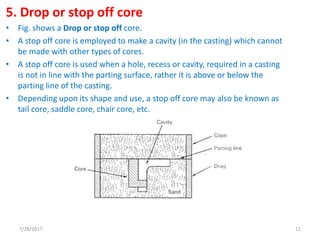 5. Drop or stop off core
• Fig. shows a Drop or stop off core.
• A stop off core is employed to make a cavity (in the casting) which cannot
be made with other types of cores.
• A stop off core is used when a hole, recess or cavity, required in a casting
is not in line with the parting surface, rather it is above or below the
parting line of the casting.
• Depending upon its shape and use, a stop off core may also be known as
tail core, saddle core, chair core, etc.
7/28/2017 11
 