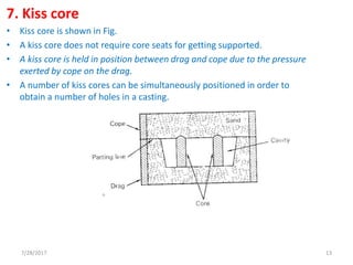 7. Kiss core
• Kiss core is shown in Fig.
• A kiss core does not require core seats for getting supported.
• A kiss core is held in position between drag and cope due to the pressure
exerted by cope on the drag.
• A number of kiss cores can be simultaneously positioned in order to
obtain a number of holes in a casting.
7/28/2017 13
 