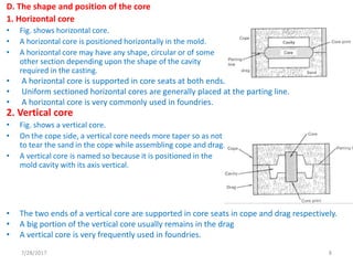 D. The shape and position of the core
1. Horizontal core
• Fig. shows horizontal core.
• A horizontal core is positioned horizontally in the mold.
• A horizontal core may have any shape, circular or of some
other section depending upon the shape of the cavity
required in the casting.
2. Vertical core
• Fig. shows a vertical core.
• On the cope side, a vertical core needs more taper so as not
to tear the sand in the cope while assembling cope and drag.
• A vertical core is named so because it is positioned in the
mold cavity with its axis vertical.
• A horizontal core is supported in core seats at both ends.
• Uniform sectioned horizontal cores are generally placed at the parting line.
• A horizontal core is very commonly used in foundries.
• The two ends of a vertical core are supported in core seats in cope and drag respectively.
• A big portion of the vertical core usually remains in the drag
• A vertical core is very frequently used in foundries.
7/28/2017 8
 