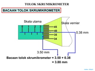 Author : Khairi
0 1 2 3
35
40
Bacaan tolok skrumikrometer = 3.50 + 0.38
= 3.88 mm
BACAAN TOLOK SKRUMIKROMETER
45
34
Skala utama Skala vernier
3.50 mm
0.38 mm
TOLOK SKRUMIKROMETER
 