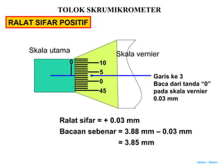 Author : Khairi
RALAT SIFAR POSITIF
Garis ke 3
Baca dari tanda “0”
pada skala vernier
0.03 mm
Ralat sifar = + 0.03 mm
0
0
5
10
45
Skala utama Skala vernier
Bacaan sebenar = 3.88 mm – 0.03 mm
= 3.85 mm
TOLOK SKRUMIKROMETER
 