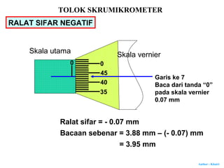 Author : Khairi
RALAT SIFAR NEGATIF
Garis ke 7
Baca dari tanda “0”
pada skala vernier
0.07 mm
Ralat sifar = - 0.07 mm
0
40
45
0
35
Skala utama Skala vernier
Bacaan sebenar = 3.88 mm – (- 0.07) mm
= 3.95 mm
TOLOK SKRUMIKROMETER
 