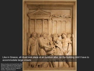 Marcus Aurelius and Imperial family offer
sacrifice in gratitude for success against
Germanic tribes in front of the Temple of
Jupiter, relief from the Arch of Marcus
Aurelius, Capitoline Museum
Like in Greece, all ritual took place at an outdoor altar, so the building didn’t have to
accommodate large crowds
 