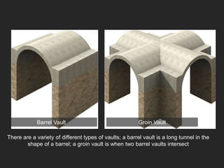 Barrel Vault Groin Vault
There are a variety of different types of vaults; a barrel vault is a long tunnel in the
shape of a barrel; a groin vault is when two barrel vaults intersect
 
