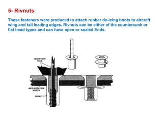 5- Rivnuts
These fasteners were produced to attach rubber de-icing boots to aircraft
wing and tail leading edges. Rivnuts can be either of the countersunk or
flat head types and can have open or sealed Ends.
 