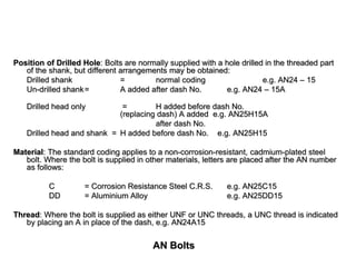 AN Bolts
Position of Drilled Hole: Bolts are normally supplied with a hole drilled in the threaded part
of the shank, but different arrangements may be obtained:
Drilled shank = normal coding e.g. AN24 – 15
Un-drilled shank= A added after dash No. e.g. AN24 – 15A
Drilled head only = H added before dash No.
(replacing dash) A added e.g. AN25H15A
after dash No.
Drilled head and shank = H added before dash No. e.g. AN25H15
Material: The standard coding applies to a non-corrosion-resistant, cadmium-plated steel
bolt. Where the bolt is supplied in other materials, letters are placed after the AN number
as follows:
C = Corrosion Resistance Steel C.R.S. e.g. AN25C15
DD = Aluminium Alloy e.g. AN25DD15
Thread: Where the bolt is supplied as either UNF or UNC threads, a UNC thread is indicated
by placing an A in place of the dash, e.g. AN24A15
 