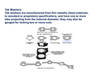 Tab Washers
Tab washers are manufactured from thin metallic sheet materials,
to standard or proprietary specifications, and have one or more
tabs projecting from the external diameter; they may also be
ganged for locking two or more nuts.
 
