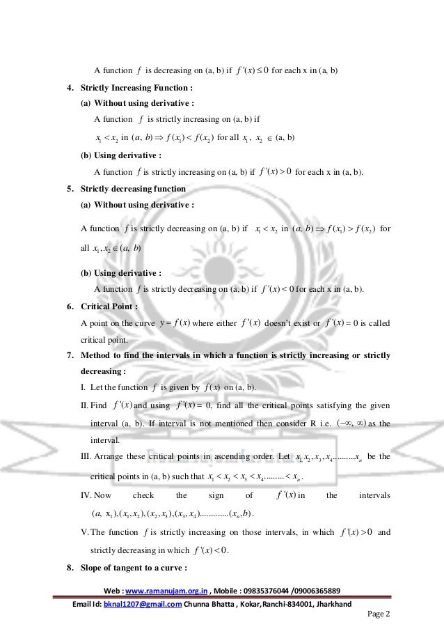 Formula : Class 12 : Application of Derivatives