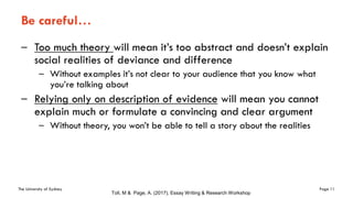 The University of Sydney Page 11
Be careful…
– Too much theory will mean it’s too abstract and doesn’t explain
social realities of deviance and difference
– Without examples it’s not clear to your audience that you know what
you’re talking about
– Relying only on description of evidence will mean you cannot
explain much or formulate a convincing and clear argument
– Without theory, you won’t be able to tell a story about the realities
Toll, M & Page, A. (2017), Essay Writing & Research Workshop
 