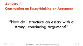 The University of Sydney Page 18
Activity 3:
Constructing an Essay/Making an Argument
“How do I structure an essay with a
strong, convincing argument?”
Toll, M & Page, A. (2017), Essay Writing & Research Workshop
 