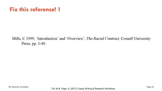 The University of Sydney Page 22
Fix this reference! 1
Toll, M & Page, A. (2017), Essay Writing & Research Workshop
 