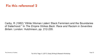 The University of Sydney Page 23
Fix this reference! 2
Toll, M & Page, A. (2017), Essay Writing & Research Workshop
 