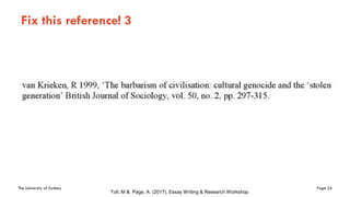 The University of Sydney Page 24
Fix this reference! 3
Toll, M & Page, A. (2017), Essay Writing & Research Workshop
 