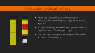 Introduction to virtual memory
●
Pages are swapped to disk when physical
memory lacks according to a page replacement
algorithm.
●
A page fault is generated when a process refers a
logical address of a swapped page.
●
The memory manager reads the page from disk
and loads it to memory.
 