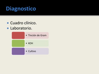  Cuadro clínico.
 Laboratorio.
• Tinción de Gram
• KOH
• Cultivo
 