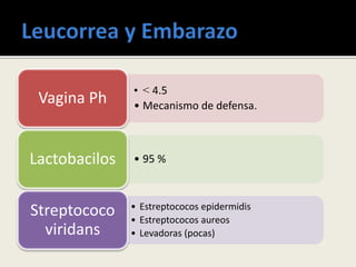 • < 4.5
• Mecanismo de defensa.
Vagina Ph
• 95 %Lactobacilos
• Estreptococos epidermidis
• Estreptococos aureos
• Levadoras (pocas)
Streptococo
viridans
 