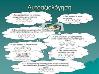 Αυτοαξιολόγηση
1. Έχω χρησιμοποιήσει την κατάλληλη
προσφώνηση για φιλική επιστολή;
6. Έχω χρησιμοποιήσει τον
κατάλληλο χαιρετισμό;
5. Έχω αναφέρει το ονοματεπώνυμό
μου;
7. Έχω προσέξει την
ορθογραφία μου;
3. Στο κείμενό μου έχω χρησιμοποιήσει
σωστά τις τελικές προτάσεις με το «για να»;
4. Στο κείμενό μου έχω χρησιμοποιήσει
σωστά τις αποτελεσματικές προτάσεις με το
«ώστε»;
8. Το περιεχόμενο της επιστολής μου θα πετύχει το σκοπό της,
ώστε να πείσει τους συμμαθητές μου να διοργανωθεί αθλητική
ημερίδα;
2. Έχω αναφέρει το χρόνο
και τον τόπο;
 