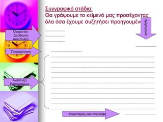 Συγγραφικό στάδιο:
Θα γράψουμε το κείμενό μας προσέχοντας
όλα όσα έχουμε συζητήσει προηγουμένως
……………………………
……………………………
……………………………
……………………………
……………………………………………
………………………………………………………………………………………………………………………………………………………
………………………………………………………………………………………………………………………………………………………
………………………………………………………………………………………………………………………………………………………
………………………………………………………………………………………………………………………………………………………
………………………………………………………………………………………………………………………………………………………
………………………………………………………………………………………………………………………………………………………
………………………………………………………………………………………………………………………………………………………
………………………………………………………………………………………………………………………………………………………
………………………………………………………………………………………………………………………………………………………
………………………………………………………………………………………………………………………………………………………
………………………………………………………………………………………………………………………………………………………..
…………………………………………….
Όνομα και
Διεύθυνση
αποστολέα
Ημερομηνία
Προσφώνηση
Χαιρετισμός και υπογραφή
Ανάπτυξη
Παραγράφων
 