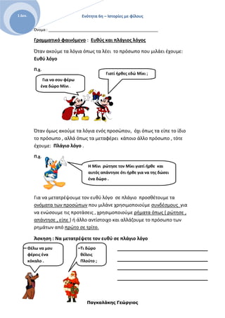 Ενότητα 6η – Ιστορίες με φίλους
Παγκαλάκης Γεώργιος
1 Δεκ.
Γιατί ήρθες εδώ Μίκι ;
Για να σου φέρω
ένα δώρο Μίνι .
Η Μίνι ρώτησε τον Μίκι γιατί ήρθε και
αυτός απάντησε ότι ήρθε για να της δώσει
ένα δώρο .
Τι δώρο
θέλεις
Πλούτο ;
Θέλω να μου
φέρεις ένα
κόκαλο .
Όνομα : _____________________________________________________
Γραμματικό φαινόμενο : Ευθύς και πλάγιος λόγος
Όταν ακούμε τα λόγια όπως τα λέει το πρόσωπο που μιλάει έχουμε:
Ευθύ λόγο
Π.χ.
Όταν όμως ακούμε τα λόγια ενός προσώπου, όχι όπως τα είπε το ίδιο
το πρόσωπο , αλλά όπως τα μεταφέρει κάποιο άλλο πρόσωπο , τότε
έχουμε: Πλάγιο λόγο .
Π.χ.
Για να μετατρέψουμε τον ευθύ λόγο σε πλάγιο προσθέτουμε τα
ονόματα των προσώπων που μιλάνε χρησιμοποιούμε συνδέσμους για
να ενώσουμε τις προτάσεις , χρησιμοποιούμε ρήματα όπως ( ρώτησε ,
απάντησε , είπε ) ή άλλο αντίστοιχο και αλλάζουμε το πρόσωπο των
ρημάτων από πρώτο σε τρίτο.
Άσκηση : Να μετατρέψετε τον ευθύ σε πλάγιο λόγο
 