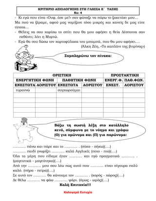 ΚΡΙΤΗΡΙΟ ΑΞΙΟΛΟΓΗΣΗΣ ΣΤΗ ΓΛΩΣΣΑ Ε΄ ΤΑΞΗΣ
Νο: 4
Καλογερά Ευτυχία
- Κι εγώ που είπα «Ουφ, άσε με!» σαν φώναζε να πάρω το ζακετάκι μου…
Μα πού να ξέραμε, αφού μας νομίζανε τόσο μικρές και κανείς δε μας είπε
τίποτα…
- Θέλεις να σου χαρίσω το σπίτι που θα μου αφήσει η θεία Δέσποινα σαν
πεθάνει; λέει η Μυρτώ.
- Εγώ θα σου δώσω τον χαρτοφύλακα του μπαμπά, που θα μου αφήσει….
(Άλκη Ζέη, «Το καπλάνι της βιτρίνας»)
ΟΡΙΣΤΙΚΗ ΠΡΟΣΤΑΚΤΙΚΗ
ΕΝΕΡΓΗΤΙΚΗ ΦΩΝΗ ΠΑΘΗΤΙΚΗ ΦΩΝΗ ΕΝΕΡΓ.Φ. ΠΑΘ.ΦΩΝ.
ΕΝΕΣΤΩΤΑ ΑΟΡΙΣΤΟΥ ΕΝΕΣΤΩΤΑ ΑΟΡΙΣΤΟΥ ΕΝΕΣΤ. ΑΟΡΙΣΤΟΥ
τυραννώ συγχωρούμαι
……….. πάνω και πάρε και το ……….. . (σύκο - σήκω)(….)
……….. παιδί γνωρίζει ……….. καλά Αγγλικά; (ποιο - πιο)(….)
Όλα τα μέρη που είδαμε ήταν ……….. και εγώ πραγματικά ……….. .
(μαγευτικά - μαγεύτηκα)(….)
Από την ……….. μου σου λέω πως αυτό που ……….. είναι σίγουρα πολύ
καλό. (πήρα - πείρα)(….)
Σε αυτό τον ……….. θα κάνουμε τον ……….. . (χορός - χώρος)(….)
Δε θέλω ……….. να φάω ……….. ψάρι. (όμως - ωμός)(….)
Καλή Επιτυχία!!!
Συμπληρώνω τον πίνακα:
Βάζω τη σωστή λέξη στο κατάλληλο
κενό, σύμφωνα με το νόημα και γράφω
(Ο) για ομώνυμα και (Π) για παρώνυμα:
 