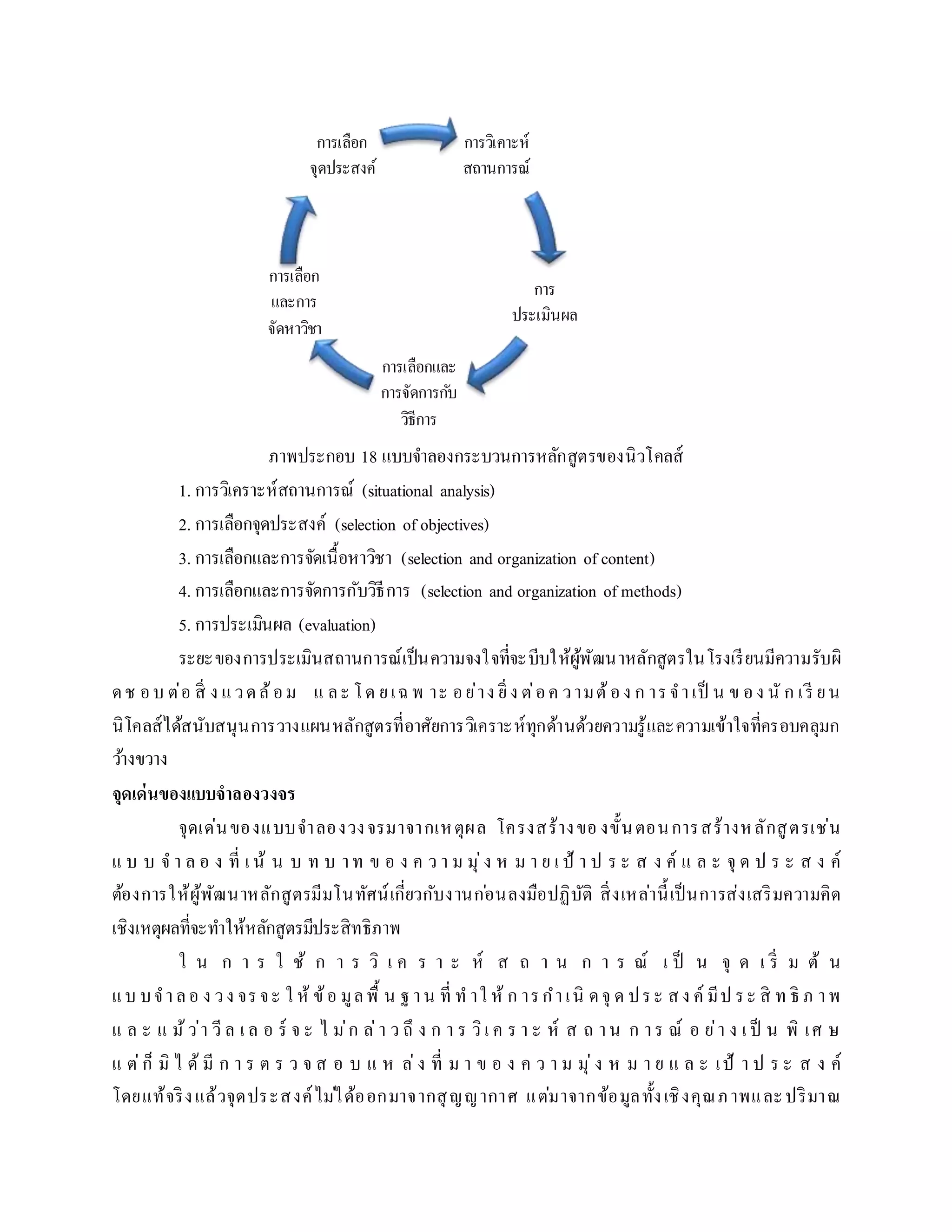 ภำพประกอบ 18 แบบจำลองกระบวนกำรหลักสูตรของนิวโคลส์
1. กำรวิเครำะห์สถำนกำรณ์ (situational analysis)
2. กำรเลือกจุดประสงค์ (selection of objectives)
3. กำรเลือกและกำรจัดเนื้อหำวิชำ (selection and organization of content)
4. กำรเลือกและกำรจัดกำรกับวิธีกำร (selection and organization of methods)
5. กำรประเมินผล (evaluation)
ระยะของกำรประเมินสถำนกำรณ์เป็นควำมจงใจที่จะบีบให้ผู้พัฒนำหลักสูตรในโรงเรียนมีควำมรับผิ
ดช อบ ต่อ สิ่ ง แวดล้อม แ ละ โด ยเฉพ ำะ อย่ำง ยิ่ง ต่อค วำมต้อง ก ำรจำเป็ น ข อง นั ก เรี ยน
นิโคลส์ได้สนับสนุนกำรวำงแผนหลักสูตรที่อำศัยกำรวิเครำะห์ทุกด้ำนด้วยควำมรู้และควำมเข้ำใจที่ครอบคลุมก
ว้ำงขวำง
จุดเด่นของแบบจำลองวงจร
จุดเด่นของแบบจำลองวงจรมำจำกเหตุผล โครงสร้ำงของขั้นตอนกำรสร้ำงหลักสูตรเช่น
แ บ บ จ ำ ล อ ง ที่ เ น้ น บ ท บ ำท ข อ ง ค ว ำ ม มุ่ง ห ม ำ ย เ ป้ ำ ป ร ะ ส ง ค์ แ ล ะ จุ ด ป ร ะ ส ง ค์
ต้องกำรให้ผู้พัฒนำหลักสูตรมีมโนทัศน์เกี่ยวกับงำนก่อนลงมือปฏิบัติ สิ่งเหล่ำนี้เป็นกำรส่งเสริมควำมคิด
เชิงเหตุผลที่จะทำให้หลักสูตรมีประสิทธิภำพ
ใ น ก ำ ร ใ ช้ ก ำ ร วิ เ ค ร ำ ะ ห์ ส ถ ำ น ก ำ ร ณ์ เ ป็ น จุ ด เ ริ่ ม ต้ น
แบ บจำลอ ง วง จรจะ ใ ห้ ข้อ มูลพื้ น ฐำน ที่ ท ำใ ห้ ก ำรกำเนิ ดจุ ด ประ สง ค์ มีป ระ สิ ท ธิ ภ ำพ
แ ล ะ แ ม้ว่ำ วีล เ ล อ ร์ จ ะ ไ ม่ก ล่ำ ว ถึ ง ก ำ ร วิเ ค ร ำ ะ ห์ ส ถ ำน ก ำร ณ์ อ ย่ำ ง เ ป็ น พิ เศ ษ
แ ต่ก็ มิ ไ ด้ มี ก ำ ร ต ร ว จ ส อ บ แ ห ล่ง ที่ ม ำ ข อ ง ค ว ำ ม มุ่ง ห ม ำ ย แ ล ะ เป้ ำ ป ร ะ ส ง ค์
โดยแท้จริงแล้วจุดประสงค์ไม่ได้ออกมำจำกสุญญำกำศ แต่มำจำกข้อมูลทั้งเชิงคุณภำพและปริมำณ
กำรวิเคำะห์
สถำนกำรณ์
กำร
ประเมินผล
กำรเลือกและ
กำรจัดกำรกับ
วิธีกำร
กำรเลือก
และกำร
จัดหำวิชำ
กำรเลือก
จุดประสงค์
 