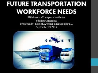 FUTURE TRANSPORTATION
WORKFORCE NEEDS
Mid-AmericaTransportationCenter
ScholarsConference
Presentedby: ElaineE.Armster, Linkscape360LLC
September29,2017
 