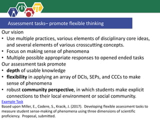 Assessment tasks– promote flexible thinking
Our vision
• Use multiple practices, various elements of disciplinary core ideas,
and several elements of various crosscutting concepts.
• Focus on making sense of phenomena
• Multiple possible appropriate responses to opened ended tasks
Our assessment task promote
• depth of usable knowledge
• flexibility in applying an array of DCIs, SEPs, and CCCs to make
sense of phenomena
• robust community perspective, in which students make explicit
connections to their local environment or social community.
Example Task
Based upon Miller, E., Codere, S., Kracik, J. (2017). Developing flexible assessment tasks to
measure student sense-making of phenomena using three dimensions of scientific
proficiency. Proposal, submitted.
 